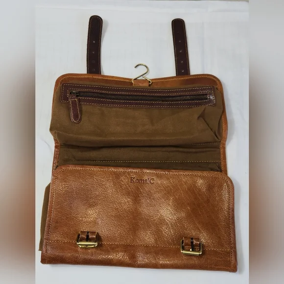 KomalC Elegant Tan Buffalo Leather Travel Dopp Kit Bag Unisex. - Picture 9 of 11